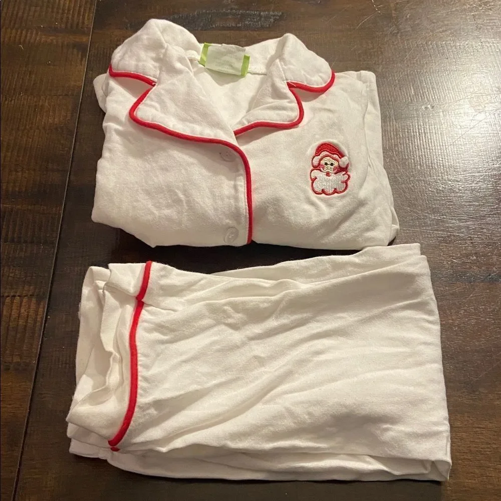 Classic whimsy Christmas White Pajama Set with Red Trim embroidered Santa 2T